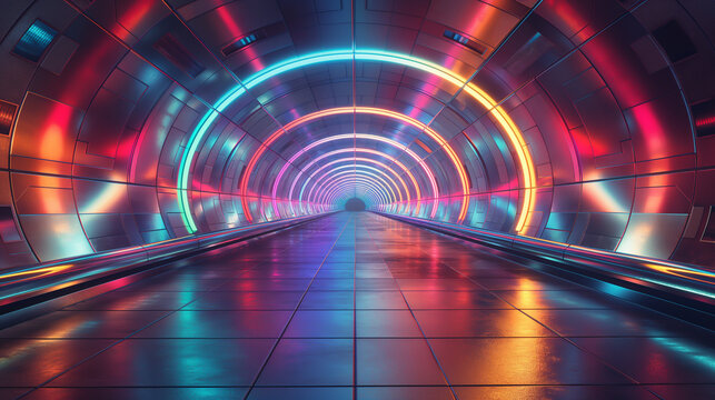 Image of a giant, empty spaceship hall. Futuristic and modern textures Reflecting colors creates a spectrum.