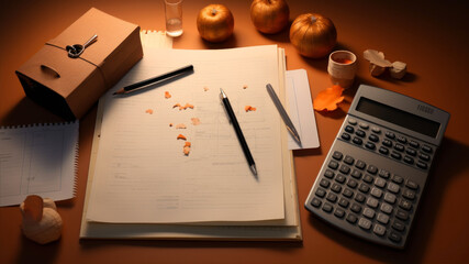 Still life with notebook, pen, calculator and onions on orange background