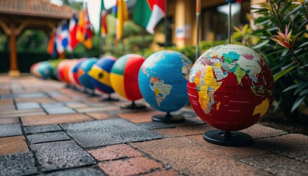 Colorful globes decorated with the flags of different countries symbolize the diversity of cultures and vibrant international ties