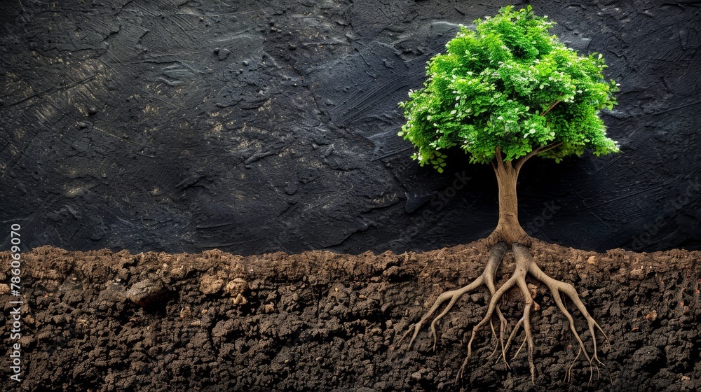 Poster large verdant tree with visible roots below on neutral background, ideal for text placement