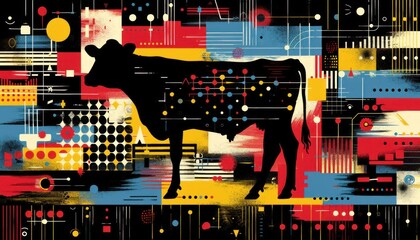 a silhouette of a cow in a colorful background