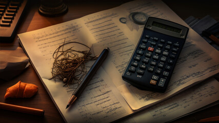 Calculator, pen and notebook on wooden desk. Business concept