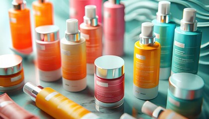 Various cosmetics in liquid form displayed on the table