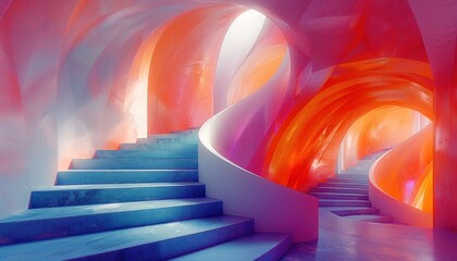 Colorful staircase leading to vibrant tunnel with electric blue light at end
