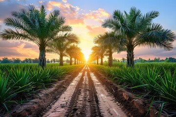 Sunset on a Dirt Road Lined With Palm Trees. Generative AI - Powered by Adobe