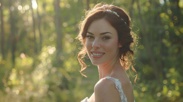 A young and lovely bride in a white gown standing for photos on her wedding day in the woods