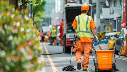 Man in highvisibility clothing walking with mop trash can on asphalt street