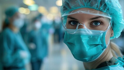 Close up of surgeon in mask and goggles with electric blue eye protection