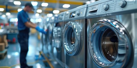 A man is at a laundromat, standing in front of a row of washing machines