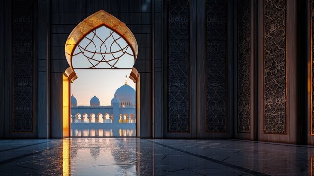 a Dumba, standing gracefully against the backdrop of a majestic mosque, evoking the joy and blessings of Eid Mubarak for the Muslim community.