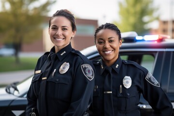 African American cop with white cop pose. Female African American police officer and white police officer stand together. African American with European colleague pose against police car before shift