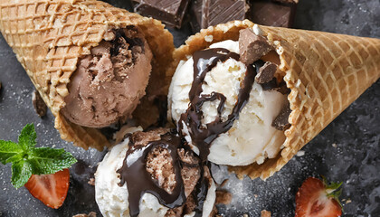 ice cream with pouring chocolate and waffle cones