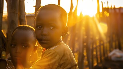 African child gripped by sibling during sunset in village backyard with kraal fence in background - obrazy, fototapety, plakaty