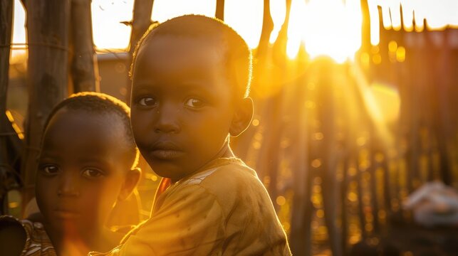 African child gripped by sibling during sunset in village backyard with kraal fence in background