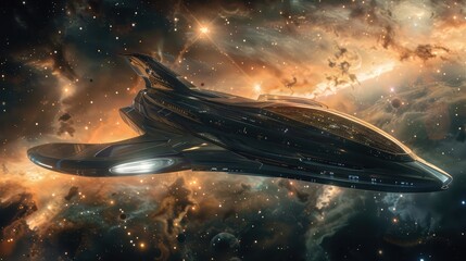 A sleek, futuristic spacecraft soaring through the vastness of space, its sleek hull shimmering in the light of distant stars as it embarks on a journey to explore new frontiers 