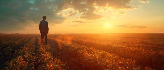 Serenity at Sunset: Lone Farmer Amidst Golden Fields. Concept Sunset Photography, Rural Landscape, Solitude, Golden Hour Portrait - obrazy, fototapety, plakaty