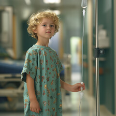 Image of a child with a saline injection pole while sick at the hospital, treatment, hospital