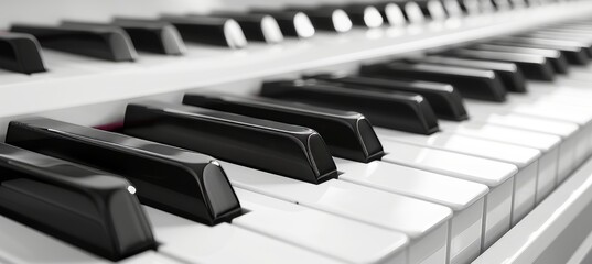 Detailed monochrome close up of black and white piano keyboard in a high quality picture