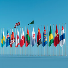 Silk waving 28 flags of countries of European Union. Blue sky background. 3D illustration. - Illustration