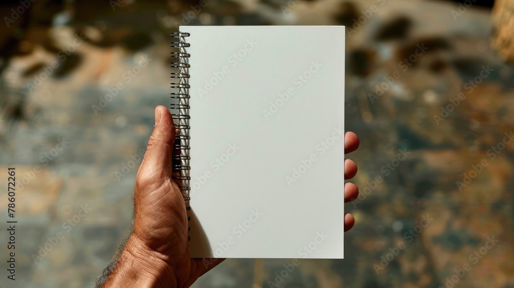 Poster an empty spiral notebook being held by a hand