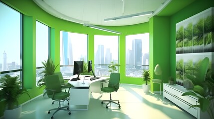 Green office colored and isometric composition with big windows in room plants
