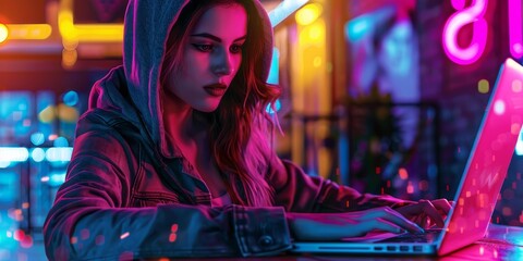 Young Female Hacker Working in a Dark Room Illuminated by Neon Lights, Mystery and Secrecy Surround Her.