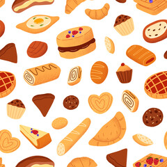 Repeatable pattern of bakery products. Endless backdrop with fresh pastry: bread, croissants, cupcakes, biscuit, buns. Background with baked desserts, flour food. Flat seamless vector illustration