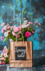 Shopping paper bag with paper cut spring flowers. Template for your promotional design. Spring sale - calligraphy lettering, promo design concept.