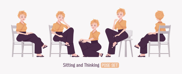 Attractive young woman wearing kimono set, chair sit pose. Office girl in wrap blouse, high waist wide leg pants, sushi restaurant elegant work wear, Japanese style waiter overall. Vector illustration