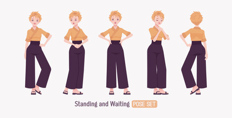 Attractive young woman wearing kimono set, standing poses. Office girl in wrap blouse, high waist wide leg pants, sushi restaurant elegant work wear, Japanese style waiter overall. Vector illustration