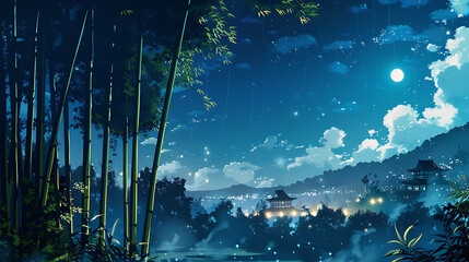 background with stars, lofi style, japan, art, japan art 