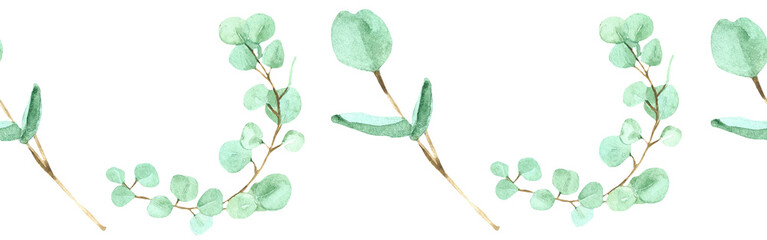Watercolor seamless frame - illustration with green leaves and branches, for wedding stationery,...