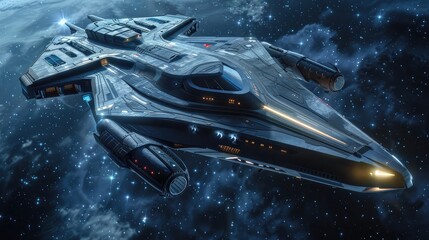 A sleek, futuristic spaceship soaring through the cosmos, its sleek metallic hull gleaming in the...