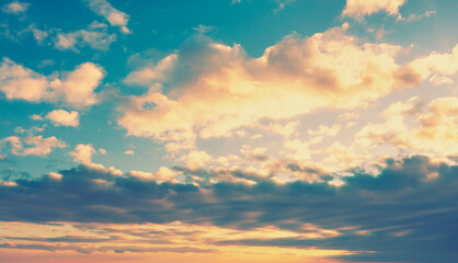 Colorful cloudy sky at sunset. Gradient color. Sky texture. Abstract nature background