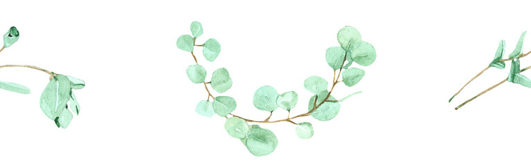 Watercolor seamless frame - illustration with green leaves and branches, for wedding stationery,...