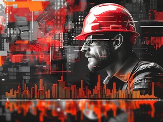 Economy illustration with portrait of worker wearing a hard head and safety glasses featuring graphs and other economic symbols, generative ai