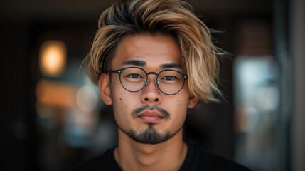 A young man 35 year old, with glasses and a beard is standing in front of a window. a casual and relaxed mood. Western man with Asian features, mixed race between the West and Asia blond, with glasses