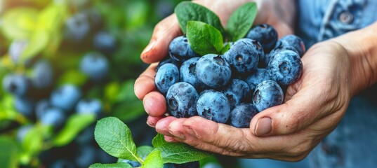 Hand holding plump blueberries, selection on blurred background with space for text placement