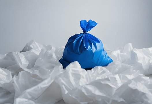 Blue trash bag on a white surface, AI-generated.