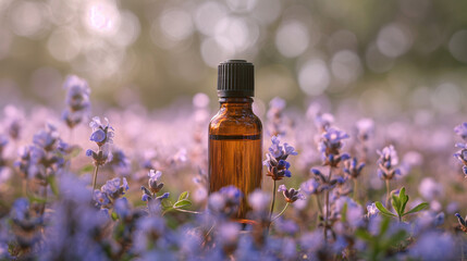 A brown bottle of aromatherapy essential oil in a lavender field outdoors in summer - 786074004