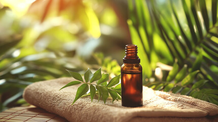 A bottle of aromatherapy essential oil in a tropical spa environment with towels and palm leaves - 786074008