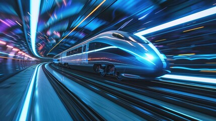 A sleek, high-speed train hurtling through a futuristic tunnel network, its streamlined design and...