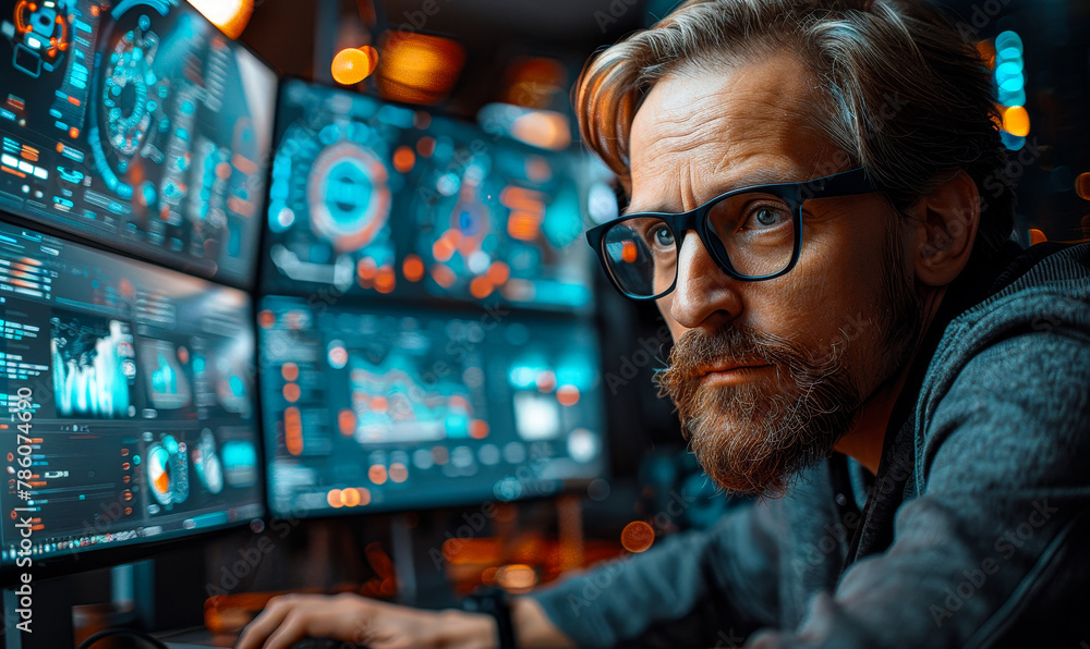 Aufkleber focused male developer analyzing data for new game launch in modern office environment