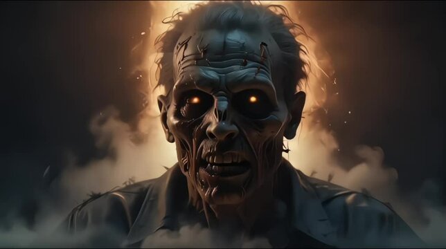 Zombie with horror eyes stare amd burn fire flame 