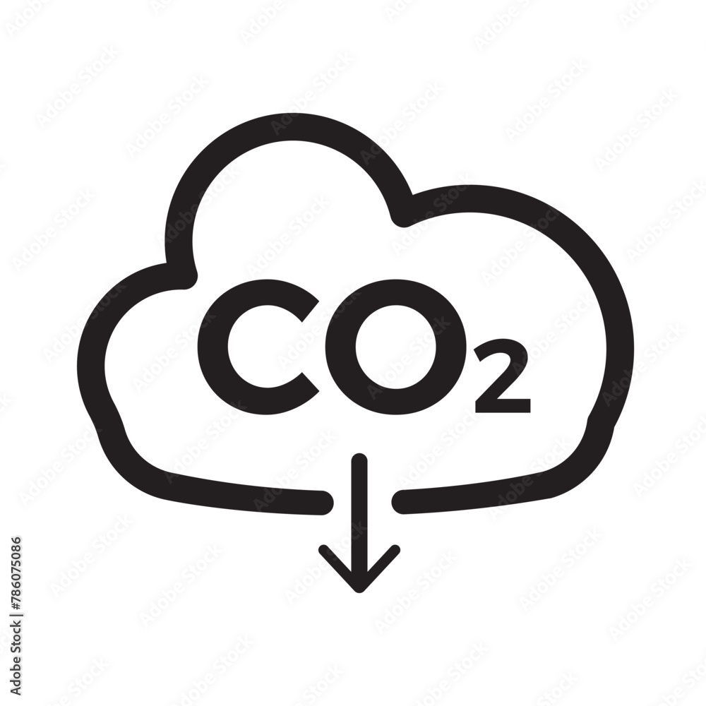 Poster cloud co2 symbol with down arrow vector outline icon set. reduce carbon dioxide sign concept illustr
