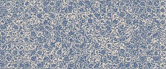 Old blue white seamless flowers flower vintage geometric shabby mosaic ornate patchwork porcelain stoneware tiles, square mosaic stone concrete cement tile wall texture background pattern - obrazy, fototapety, plakaty