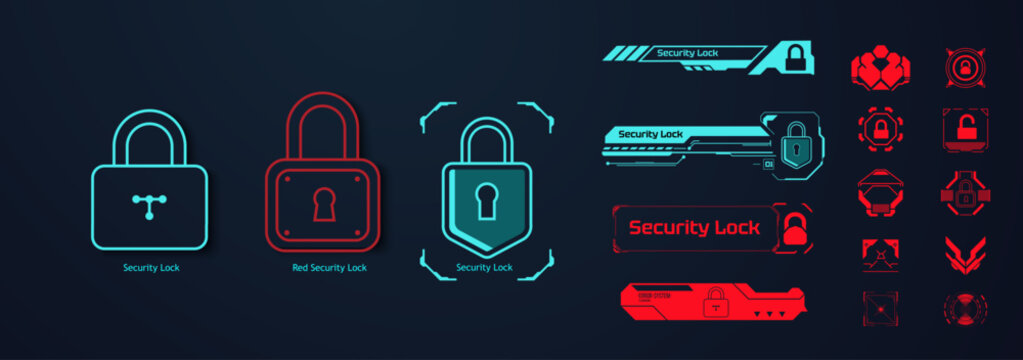 Digital Security Lock Icons Set on Dark Background. Stylized vector set of digital security lock icons glowing in blue and red on a sleek dark background, representing cybersecurity and protection.