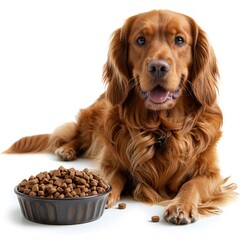 Front view of cocker spaneial dog with a bowl of food isolated on white background