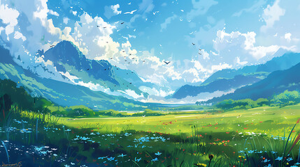 landscape with lake and mountains, lofi style, japan, art, japan art 