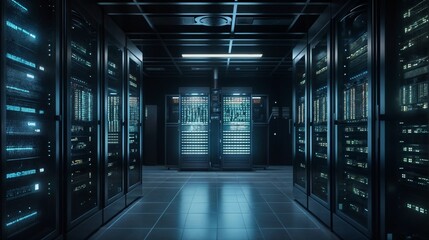 Server room data center. Backup, mining, hosting, mainframe, farm and computer rack with storage information